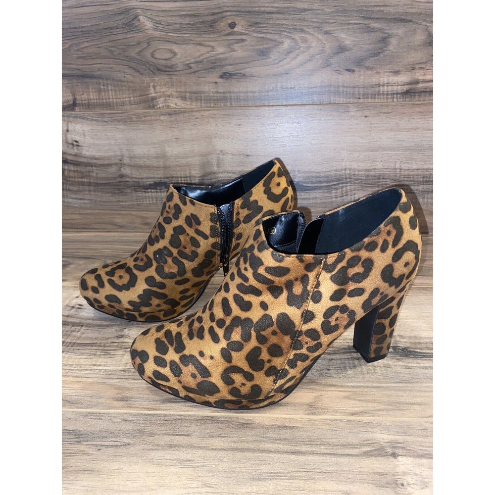 Allegra‎ K Women's Platform Round Toe Chunky Heel Ankle Booties, Leopard, Sz 9